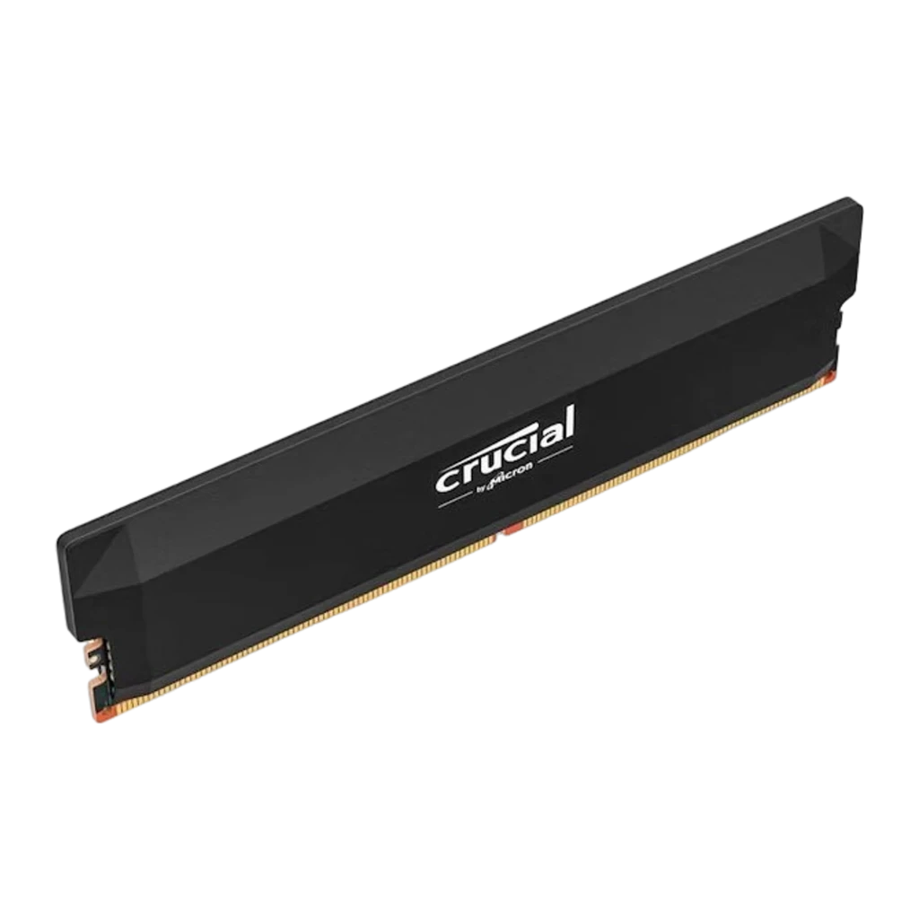 Crucial Pro OC Gaming 6400MHz 16GB preto, vista frontal: dissipador preto mate com logo Crucial e contactos dourados - Item1