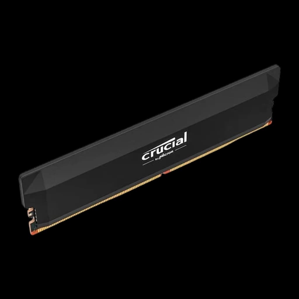 Crucial Pro OC Gaming 6400MHz 16GB preto, perspetiva frontal: dissipador facetado preto e conector esquerdo visível