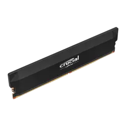Crucial Pro OC Gaming 6400MHz 16GB preto, perspetiva frontal: dissipador facetado preto e conector esquerdo visível