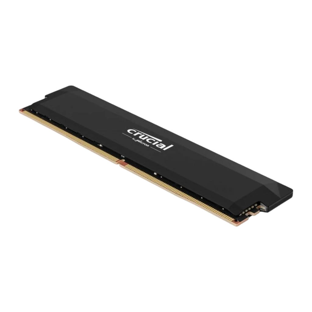 Crucial Pro OC Gaming 6400MHz 16GB preto, vista frontal: dissipador preto mate com logo Crucial e contactos dourados - Item2