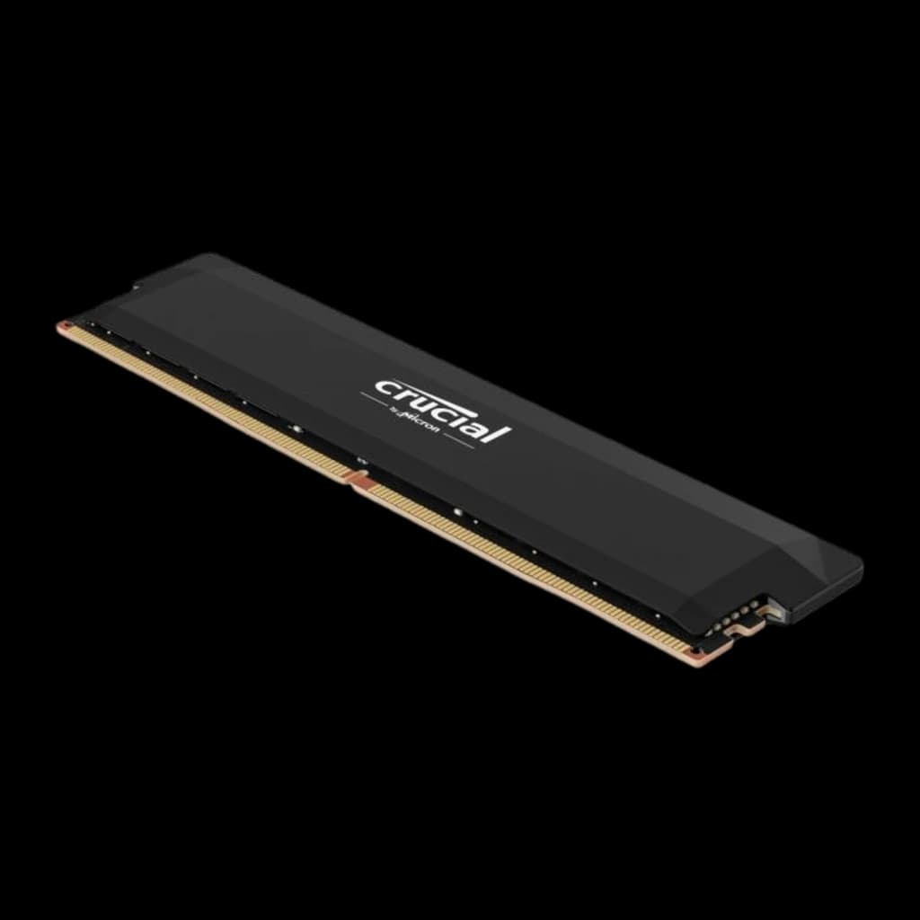 Crucial Pro OC Gaming 6400MHz 16GB preto, perspetiva traseira: verso do dissipador preto e conector direito visível