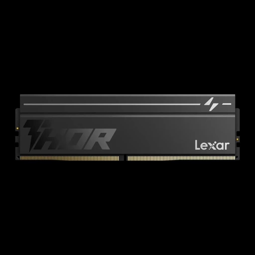 Lexar DIMM Thor 2nd Gen 6000MHz CL38 16GB preto, vista frontal: dissipador preto com logo THOR e raio prateado