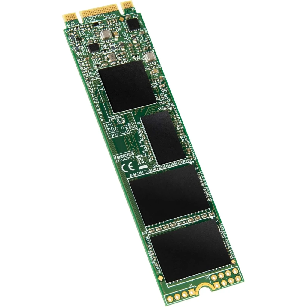 SSD Transcend MTS830S 2TB M.2 2280 SATA III em PCB verde, etiqueta branca com especificações, chips NAND pretos visíveis e contatos dourados na extremidade - Item1