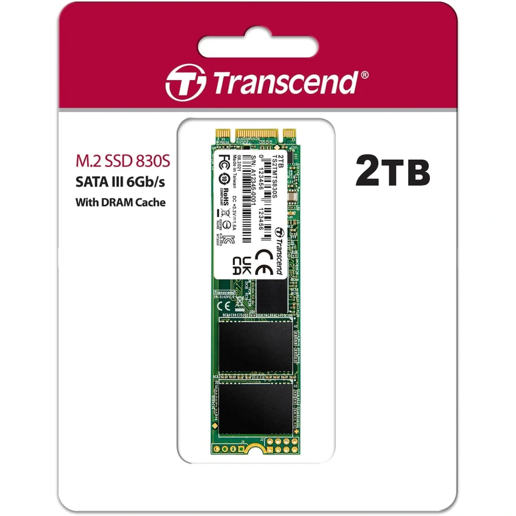 SSD Transcend MTS830S 2TB M.2 2280 SATA III em PCB verde, etiqueta branca com especificações, chips NAND pretos visíveis e contatos dourados na extremidade - Item2