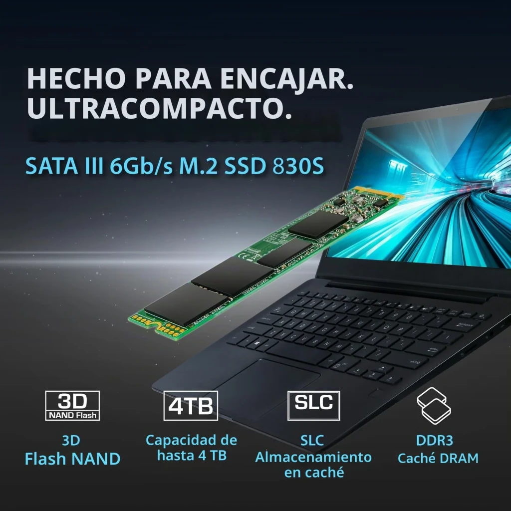 SSD Transcend MTS830S 2TB M.2 2280 SATA III em PCB verde, etiqueta branca com especificações, chips NAND pretos visíveis e contatos dourados na extremidade - Item3
