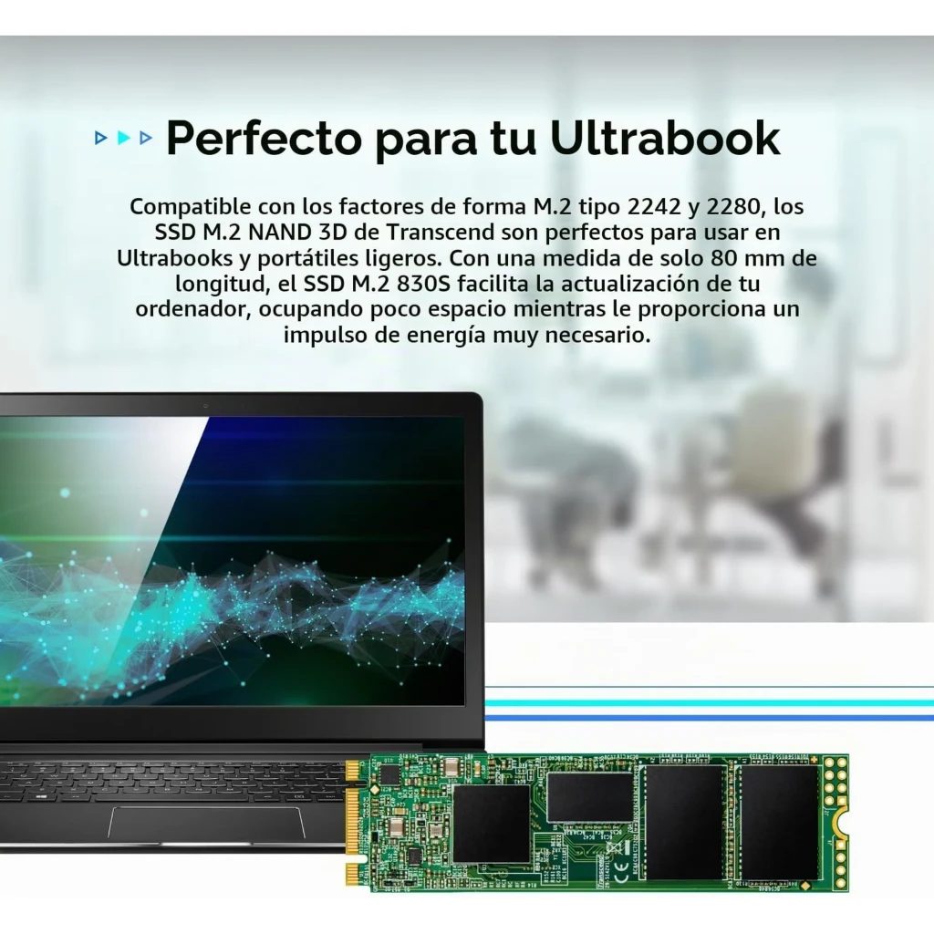 SSD Transcend MTS830S 2TB M.2 2280 SATA III em PCB verde, etiqueta branca com especificações, chips NAND pretos visíveis e contatos dourados na extremidade - Item4