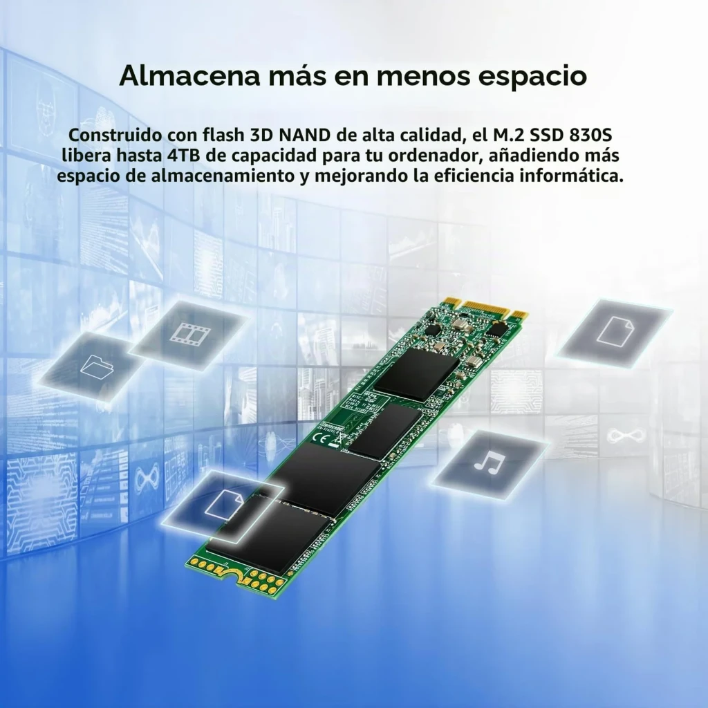 SSD Transcend MTS830S 2TB M.2 2280 SATA III em PCB verde, etiqueta branca com especificações, chips NAND pretos visíveis e contatos dourados na extremidade - Item5
