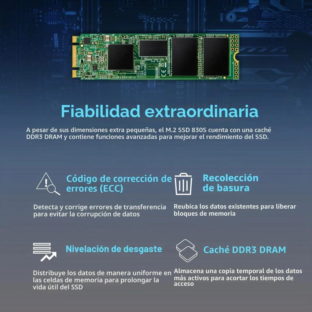 SSD Transcend MTS830S 2TB M.2 2280 SATA III em PCB verde, etiqueta branca com especificações, chips NAND pretos visíveis e contatos dourados na extremidade - Item6