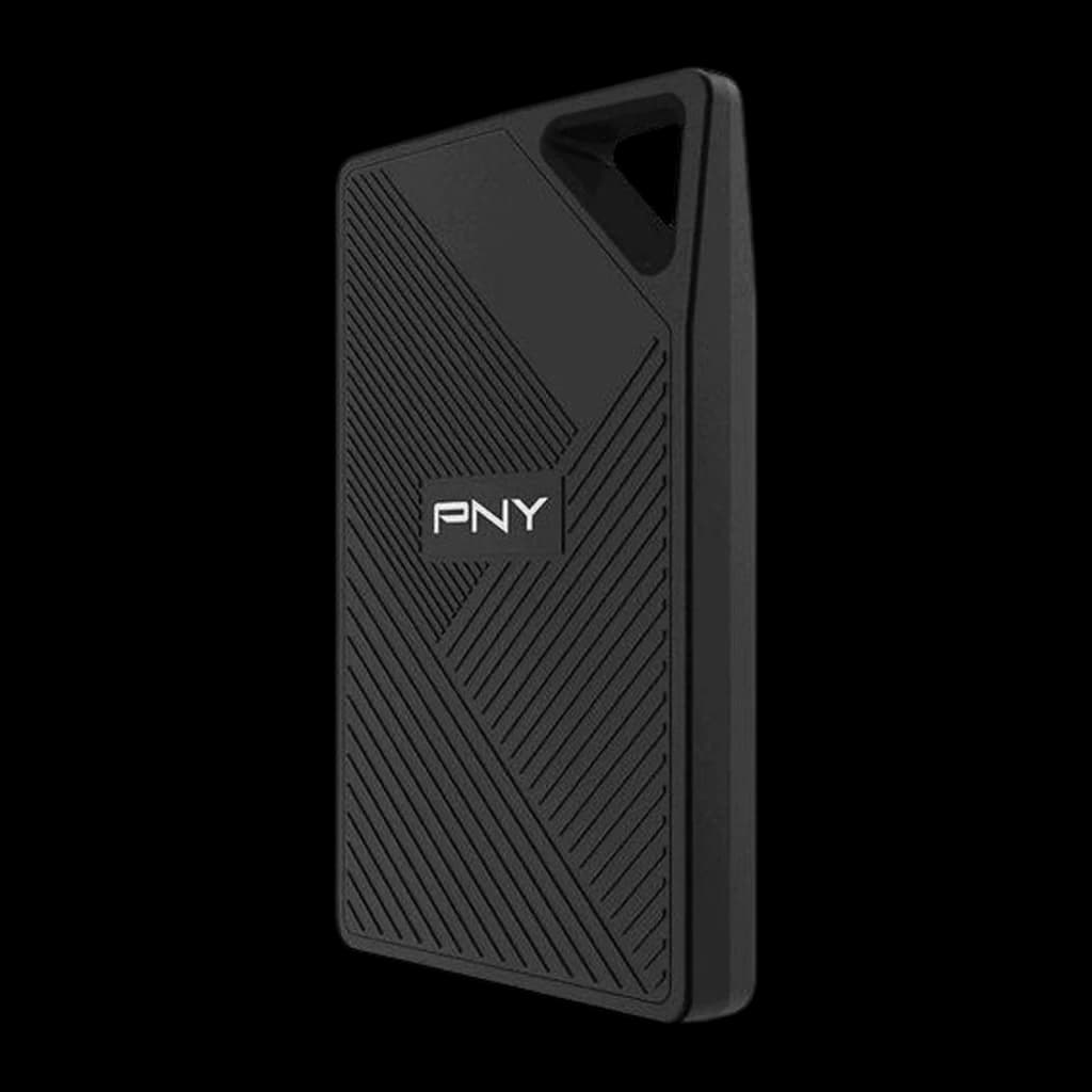PNY RP60 2TB preto, vista frontal em ângulo: textura diagonal em relevo, logo PNY e ilhó triangular superior