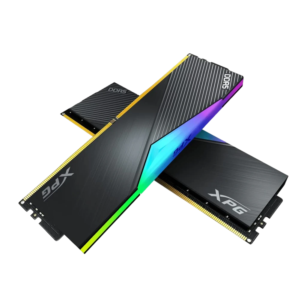 XPG ADATA DIMM DDR5 6400 32GB negro, vista frontal: un módulo RAM con disipador negro estriado y RGB en la parte superior - Ítem2