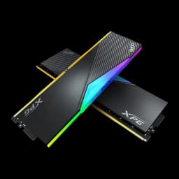 XPG ADATA DIMM DDR5 6400 32GB negro, kit dual cruzado: dos módulos en X mostrando conectores dorados y RGB multicolor en
