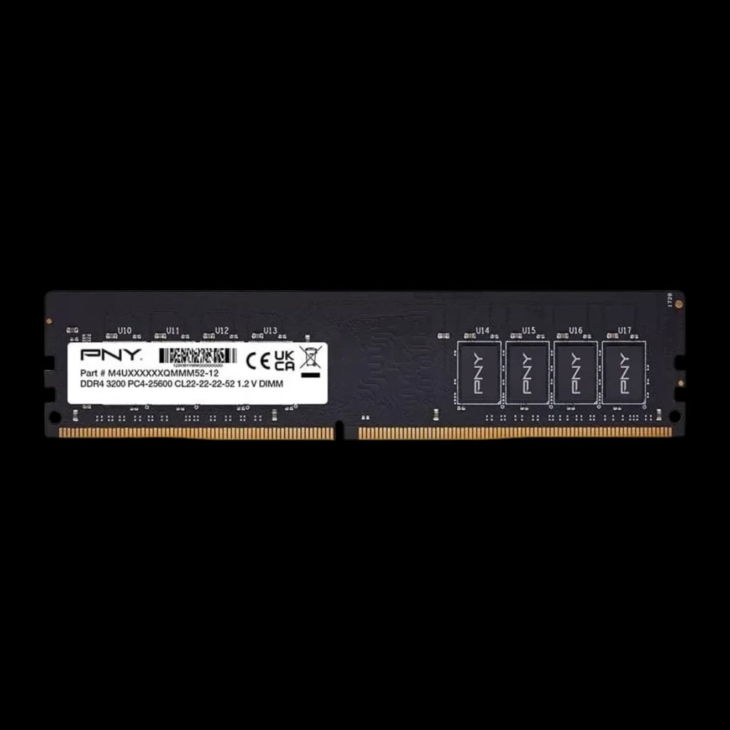 PNY Performance 32GB 3200MHz CL22, face avant: module DDR4 noir avec étiquette et puces PNY visibles