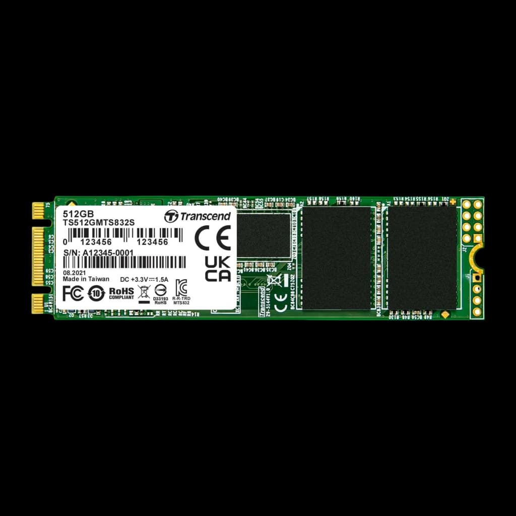 Transcend MTS832S 512GB SSD M.2 2280, vista frontal horizontal: PCB verde com etiqueta, chips NAND e conector dourado