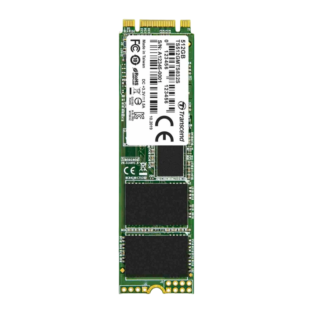 Transcend MTS832S 512GB SSD M.2 2280, vue frontale horizontale: PCB vert avec étiquette, puces NAND et connecteur doré - Ítem1