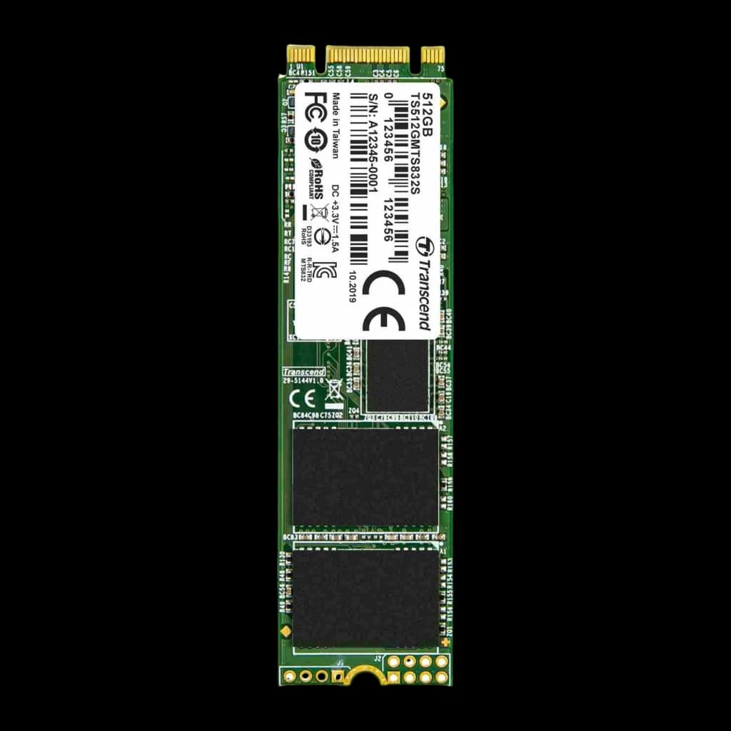 Transcend MTS832S 512GB SSD M.2 2280, vista frontal vertical: PCB verde com três chips NAND pretos e etiqueta no topo