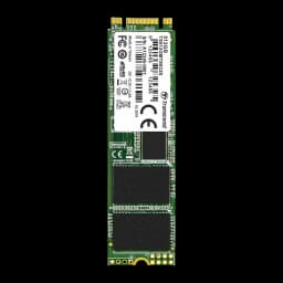 Transcend MTS832S 512GB SSD M.2 2280, vista frontal vertical: PCB verde com três chips NAND pretos e etiqueta no topo