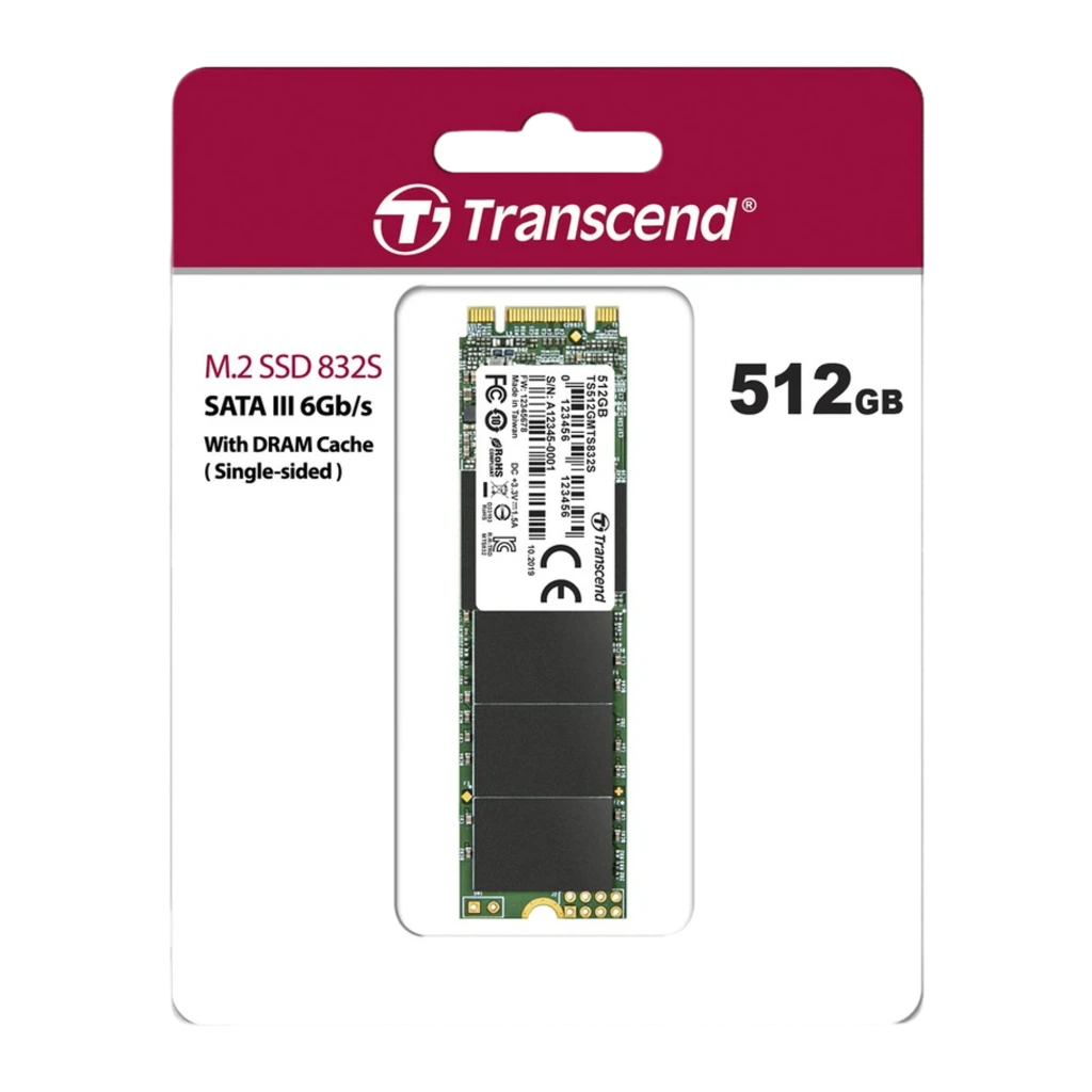 Transcend MTS832S 512GB SSD M.2 2280, vue frontale horizontale: PCB vert avec étiquette, puces NAND et connecteur doré - Ítem2