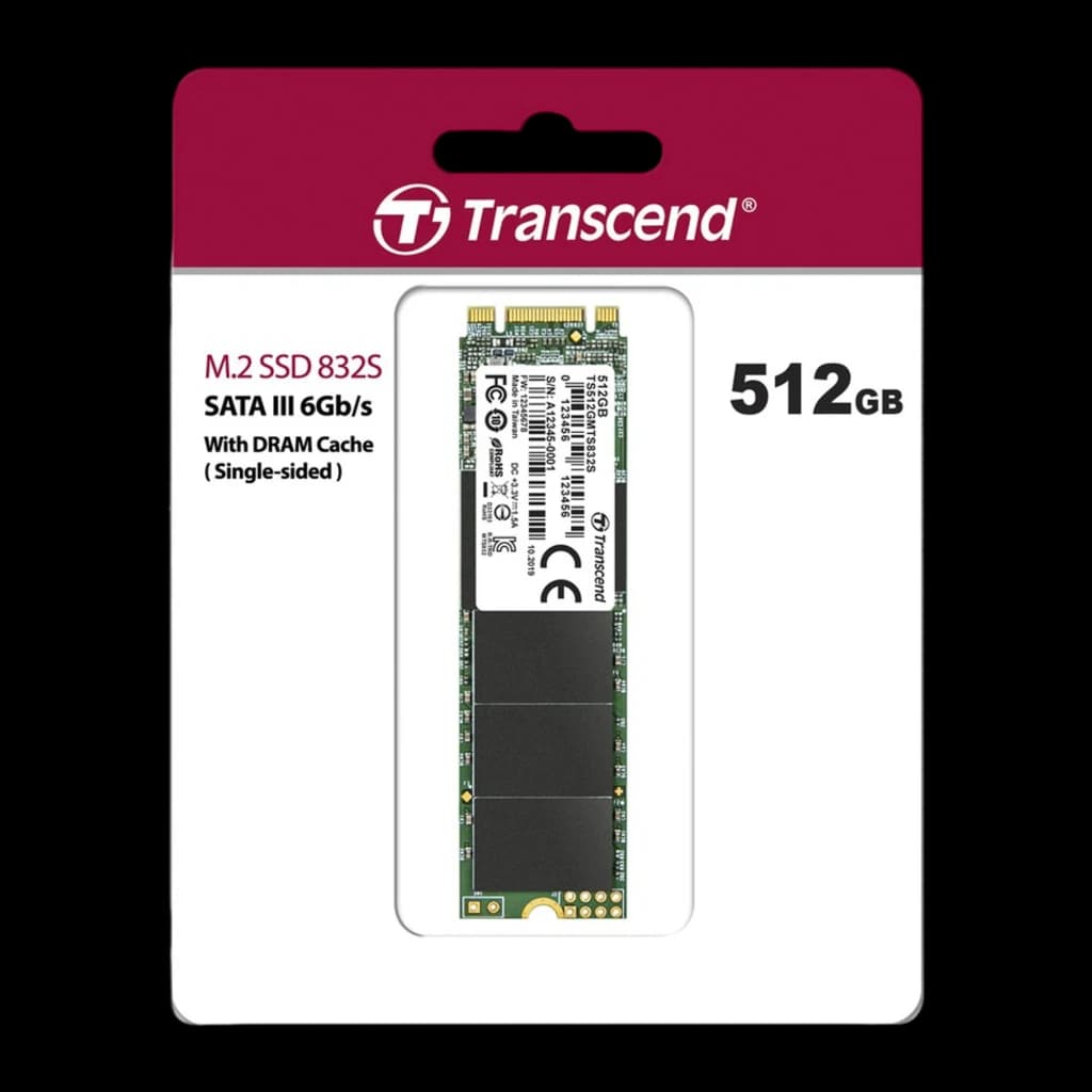Transcend MTS832S 512GB SSD M.2 2280, embalagem retail: caixa magenta com SSD visível, especificações SATA III e Single-sided