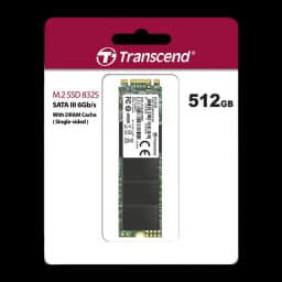 Transcend MTS832S 512GB SSD M.2 2280, embalagem retail: caixa magenta com SSD visível, especificações SATA III e Single-sided