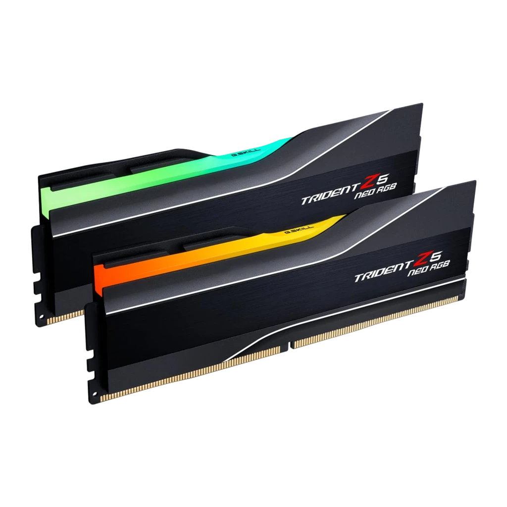 G.Skill Trident Z5 Neo RGB 64GB DDR5-6000 noir, vue de face: deux modules DIMM avec éclairage RGB bleu et vert sur le - Ítem3