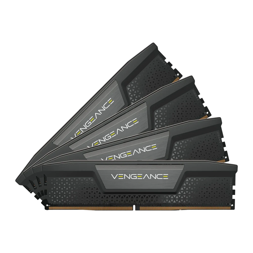 Corsair Vengeance DIMM 6400 Quad-Kit 64GB preto, vista frontal: 4 módulos empilhados em escorço com dissipador texturizado e - Item1