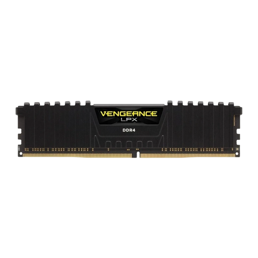 Corsair Vengeance LPX 8GB DDR4 noir, vue en perspective: dissipateur noir avec logo jaune et connecteurs dorés - Ítem1