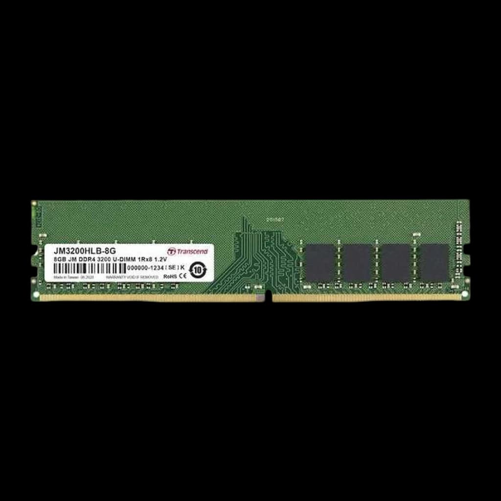 Transcend JetRam DDR4 3200 U-DIMM 8GB, vista frontal: PCB verde com chips pretos e etiqueta JM3200HLB-8G