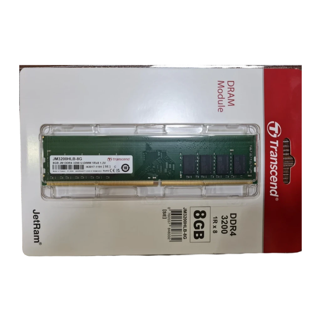 Transcend JetRam DDR4 3200 U-DIMM 8GB, vue avant: PCB vert avec puces noires et étiquette JM3200HLB-8G - Ítem1