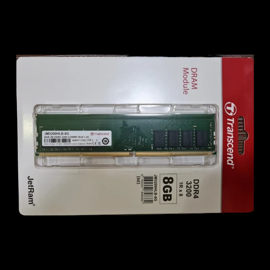 Transcend JetRam DDR4 3200 U-DIMM 8GB, embalagem frontal: módulo em blister com caixa branca e vermelha, 8GB DDR4 3200