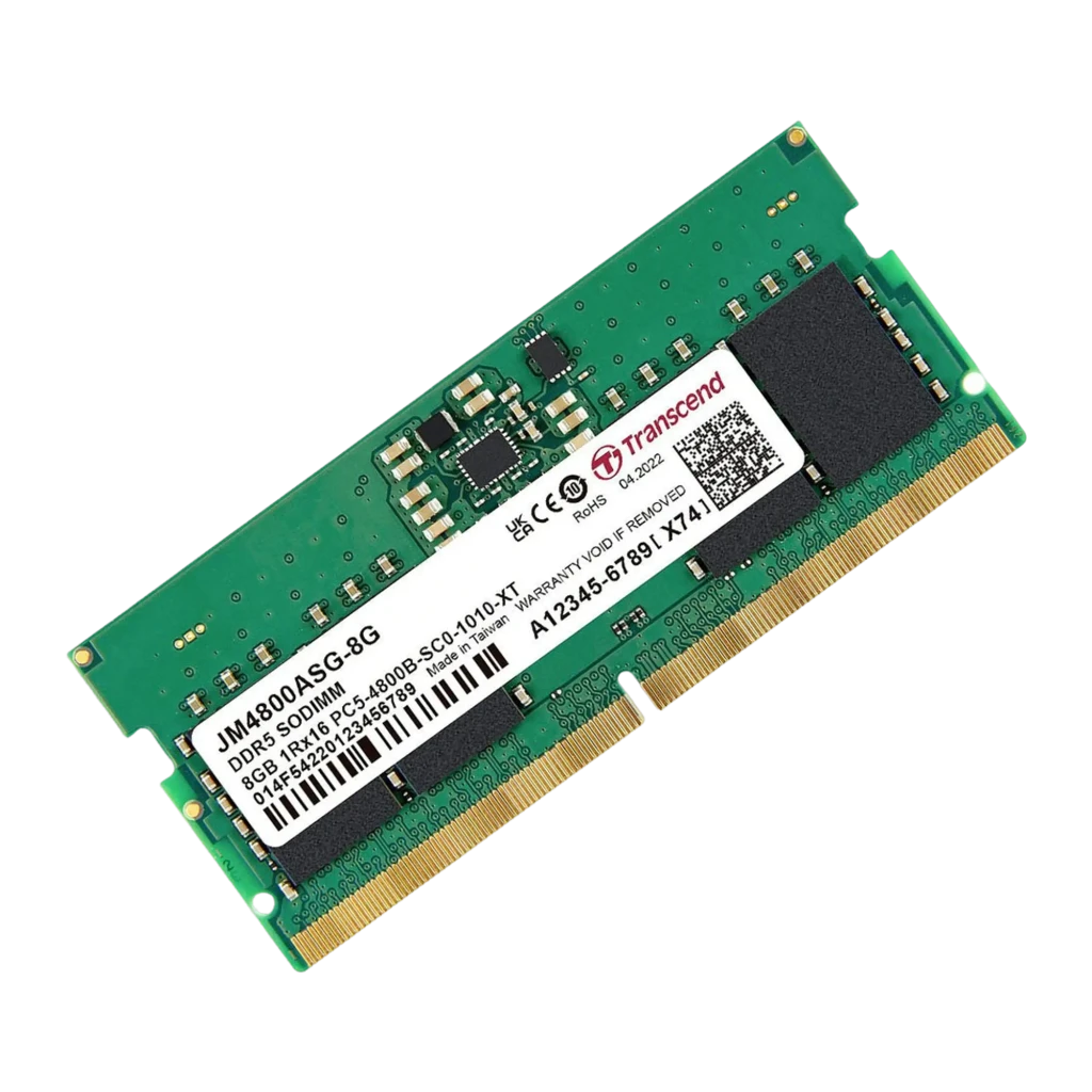 Transcend JM DDR5 4800 SO-DIMM 8GB, vista frontal: PCB verde com etiqueta branca, chips e contatos dourados - Item1