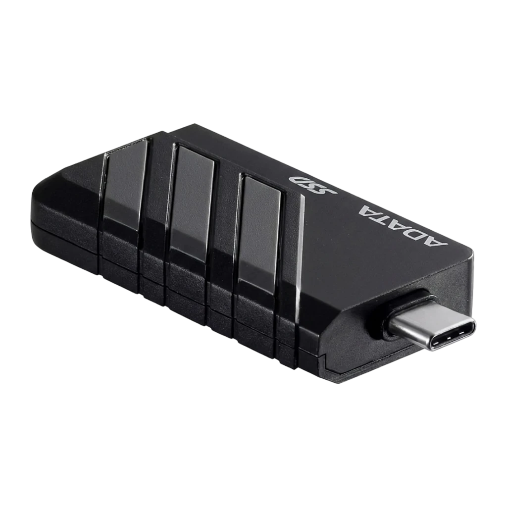 ADATA SC735 1TB preto, vista frontal: ranhuras de dissipação cinza em diagonal e conector USB-C visível - Item1