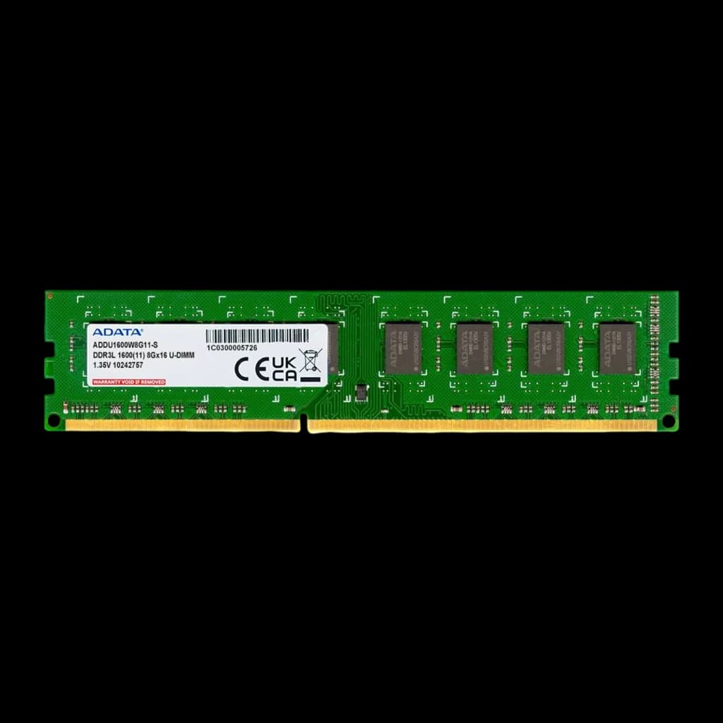 ADATA Mémoire RAM 8Go DDR3L DIMM 1600MHz Vert, vue avant: PCB vert avec puces mémoire et étiquette de spécifications
