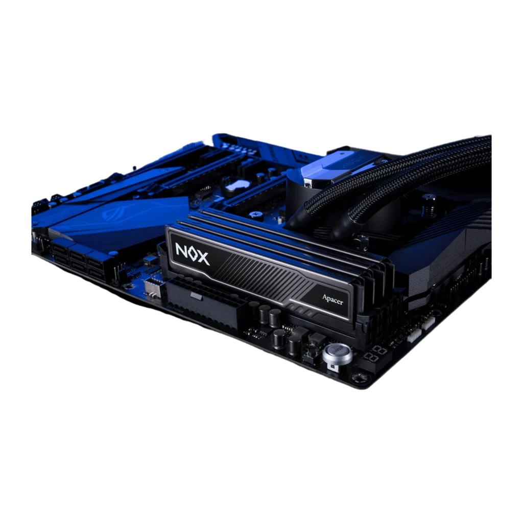Apacer NOX 16GB DDR4 3200MHz noir, vue de face: dissipateur gris avec logo NOX et texte Apacer, connecteurs dorés - Ítem2