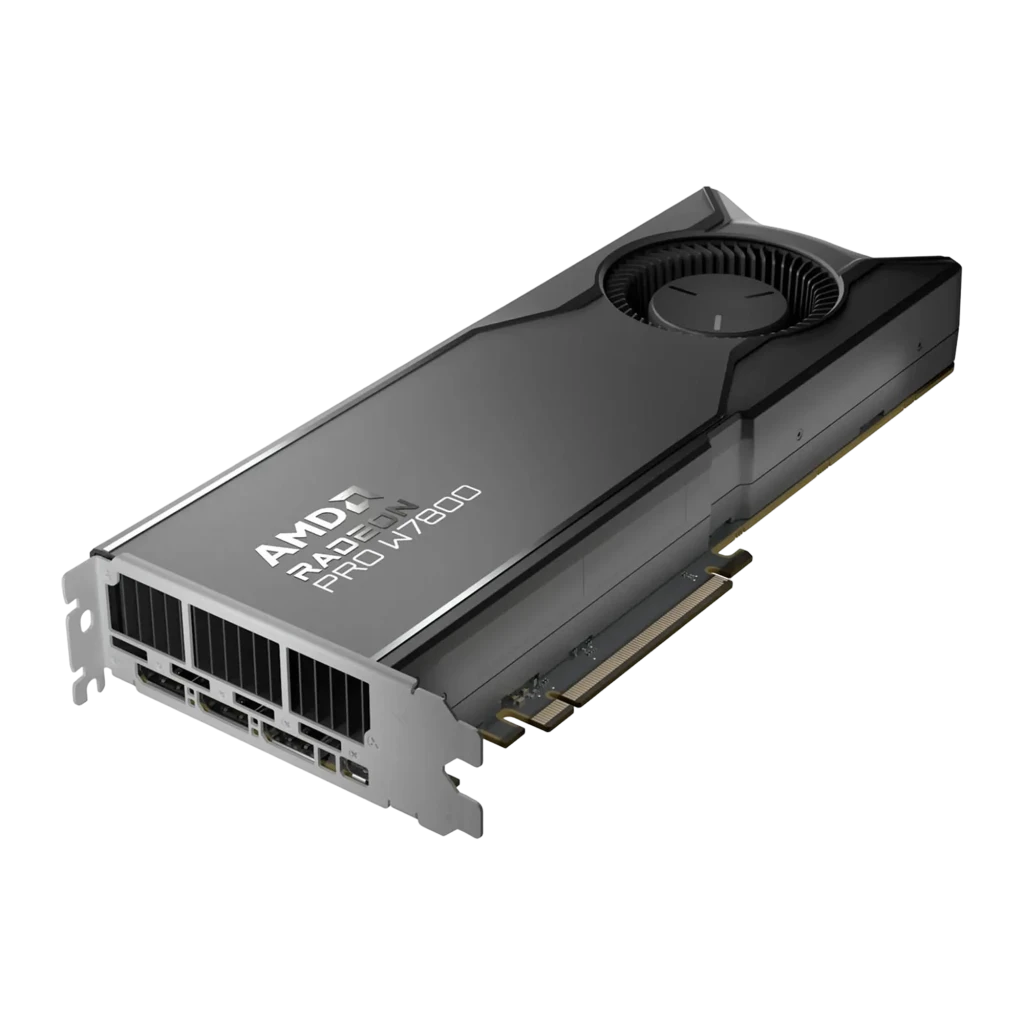 AMD Radeon Pro W7800 32GB GDDR6 cinza, vista lateral: carcaça com logo, ventoinha circular e portas DisplayPort - Item1