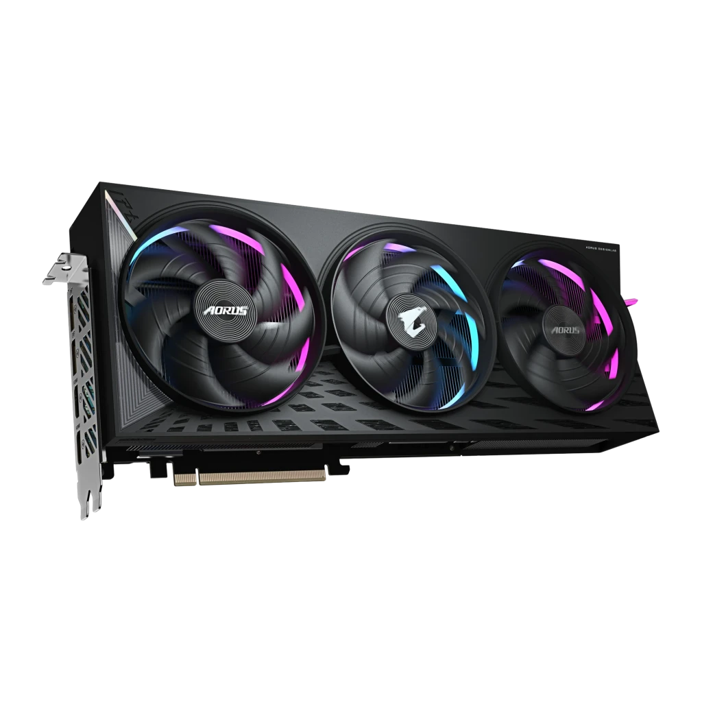 Gigabyte AORUS Radeon RX 9070 XT ELITE 16G preto, vista frontal: três ventiladores com anéis RGB azul e rosa, shroud preto - Item1
