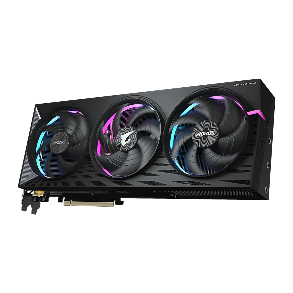 Gigabyte AORUS Radeon RX 9070 XT ELITE 16G preto, vista frontal: três ventiladores com anéis RGB azul e rosa, shroud preto - Item2