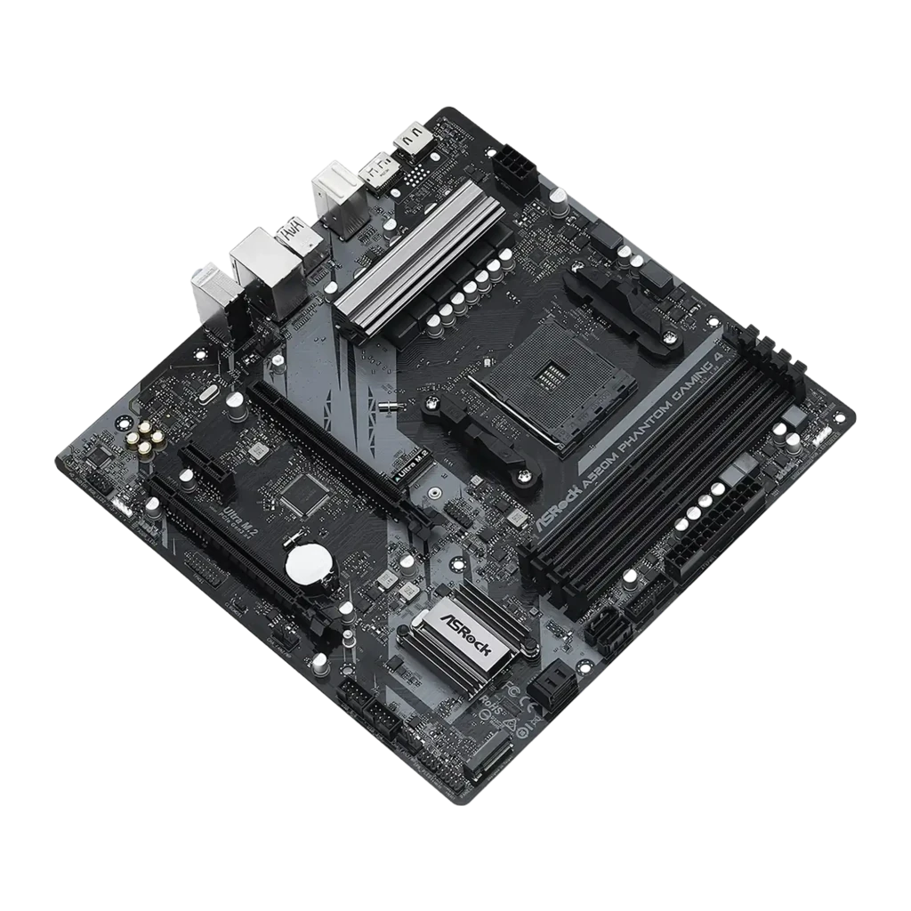 ASRock A520M Phantom Gaming 4 128GB, vista superior: placa-mãe completa com socket AM4, dissipadores e slots DDR4 - Item1