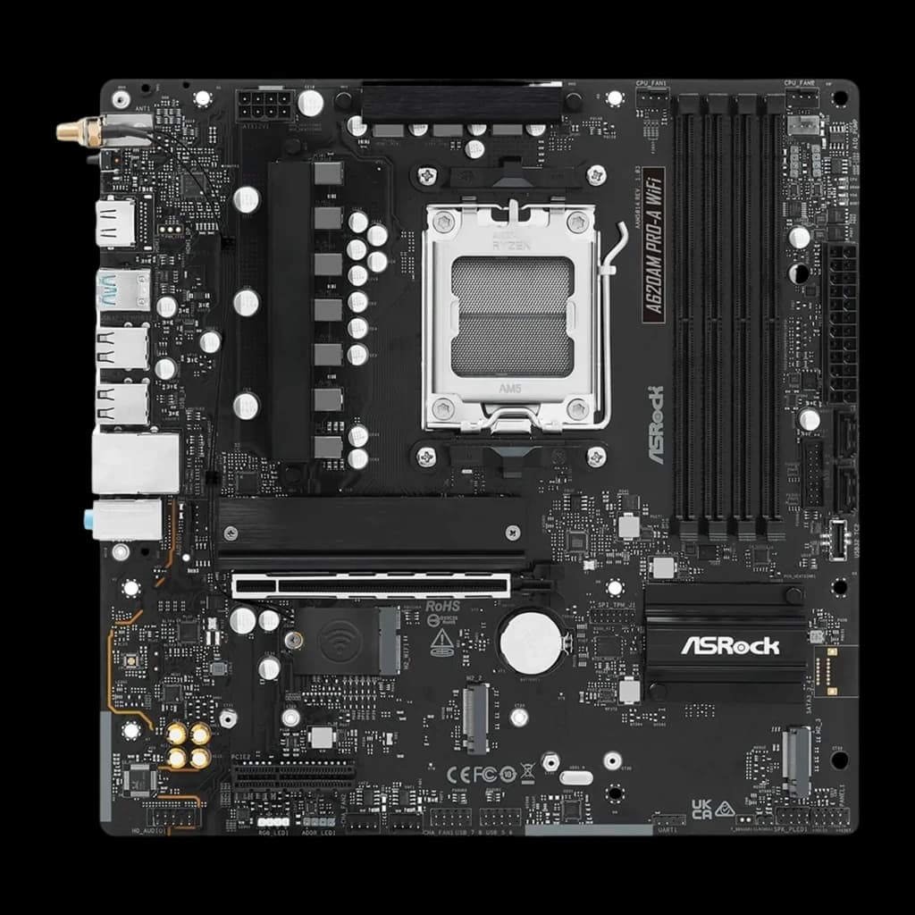 ASRock A620AM Pro-A WiFi AM5 mATX noir, vue de face: socket AM5, slots DDR5, panneau I/O et PCIe visibles