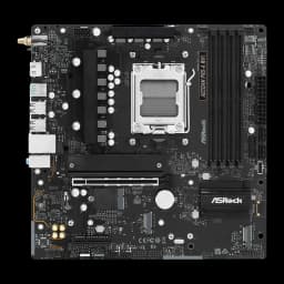 ASRock A620AM Pro-A WiFi AM5 mATX noir, vue de face: socket AM5, slots DDR5, panneau I/O et PCIe visibles