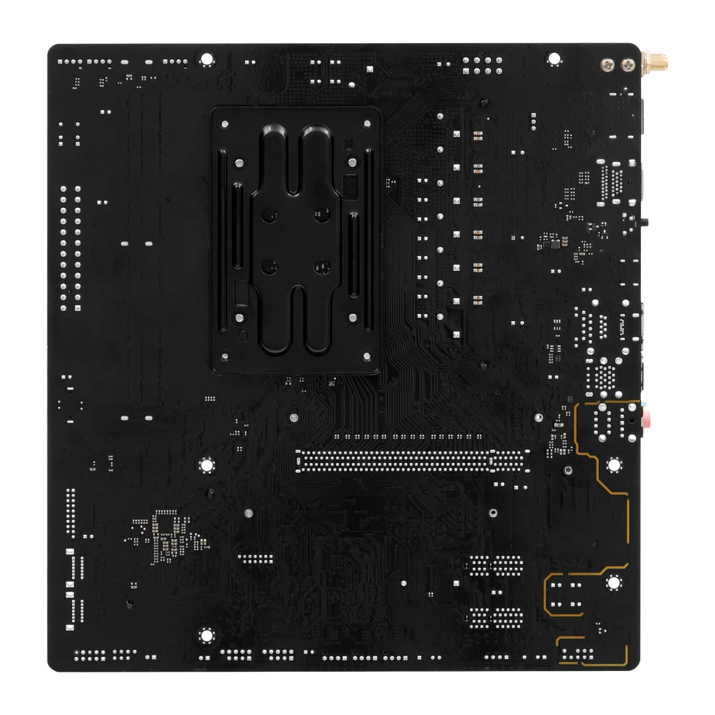 ASRock A620AM Pro-A WiFi AM5 mATX preto, vista frontal: soquete AM5, slots DDR5, painel I/O e PCIe visíveis - Item1