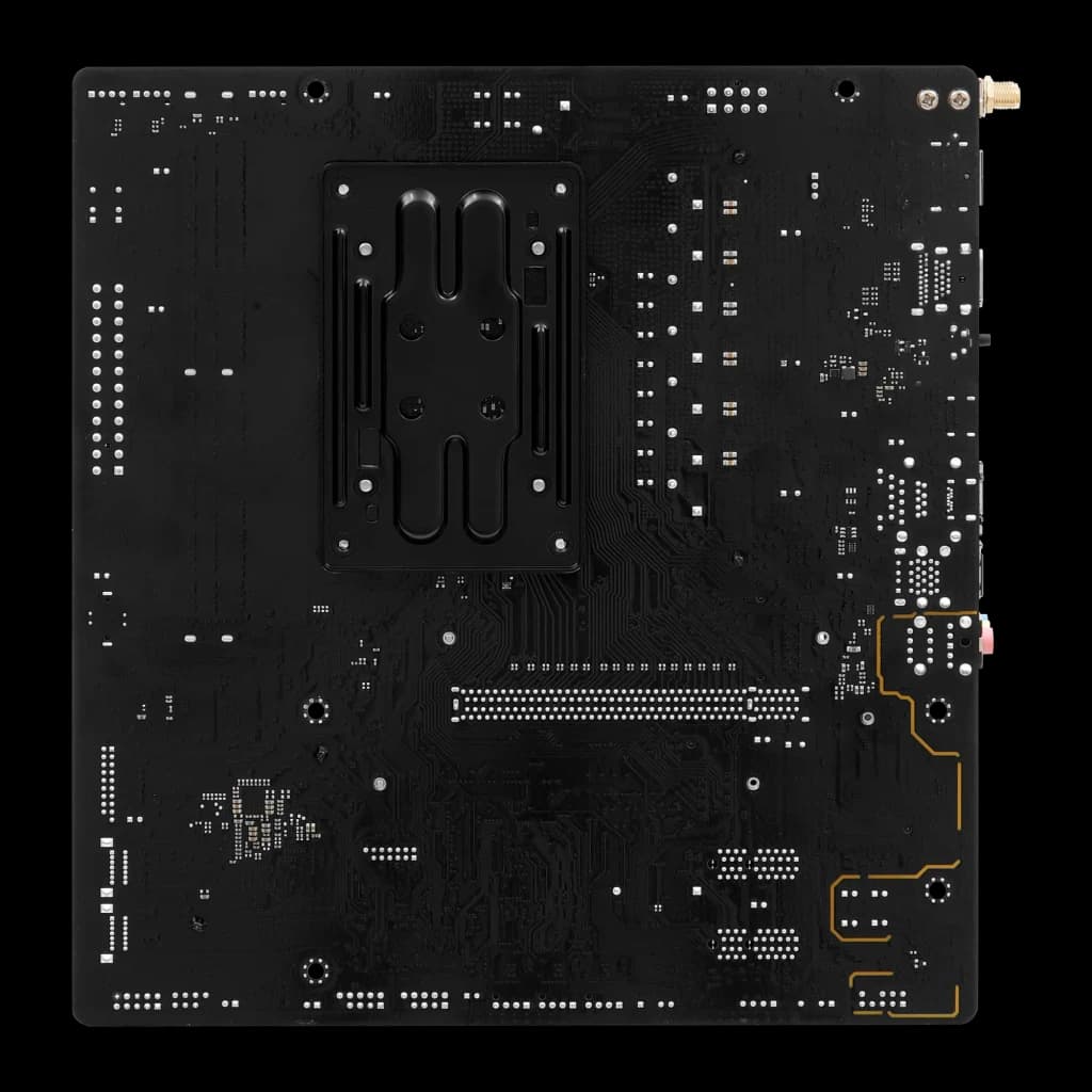 ASRock A620AM Pro-A WiFi AM5 mATX noir, vue arrière: dos du PCB avec backplate socket AM5 et points de soudure