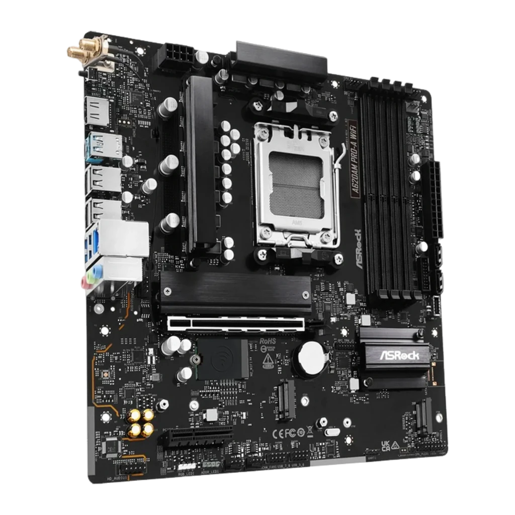 ASRock A620AM Pro-A WiFi AM5 mATX preto, vista frontal: soquete AM5, slots DDR5, painel I/O e PCIe visíveis - Item2