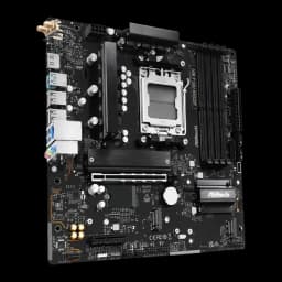 ASRock A620AM Pro-A WiFi AM5 mATX noir, vue en angle: antenne WiFi, ports I/O latéraux et socket AM5 en perspective
