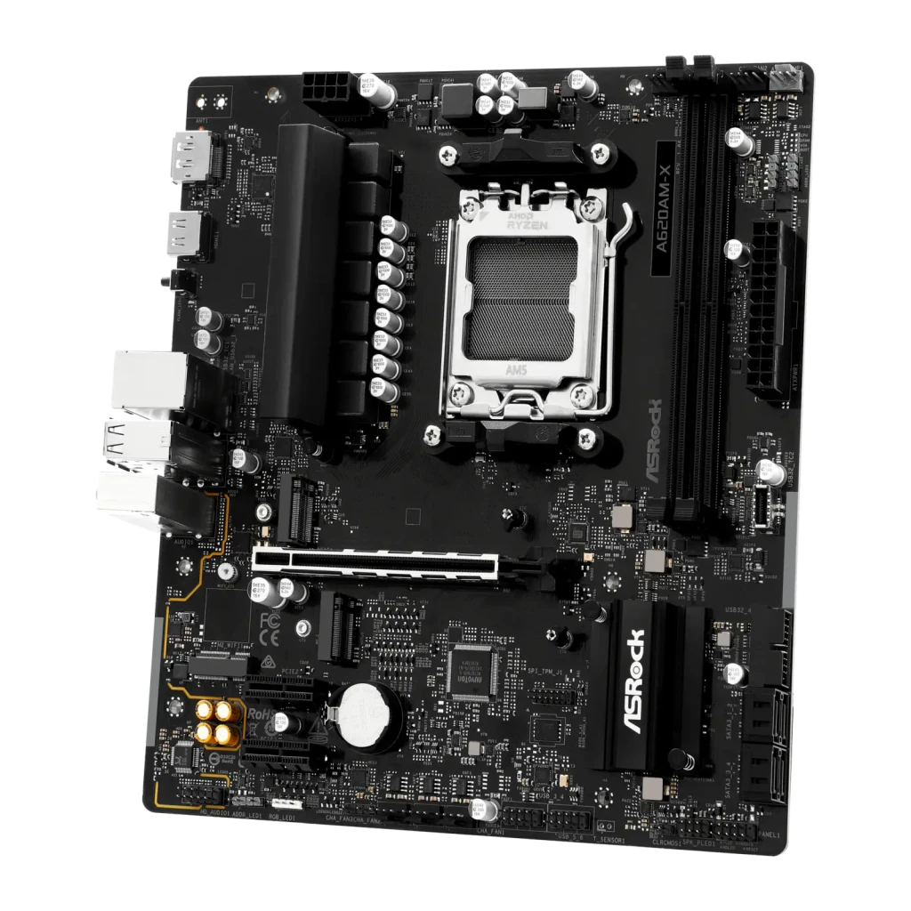 ASRock A620AM-X AM5 mATX preto, vista frontal superior: soquete AM5, fases de alimentação e slots DDR5 - Item2