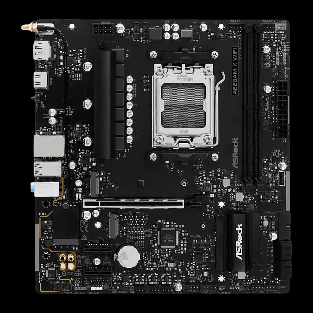 ASRock A620AM-X WiFi AM5 mATX 128GB noir, vue de face: socket AM5, slots DDR5, slot PCIe et panneau E/S