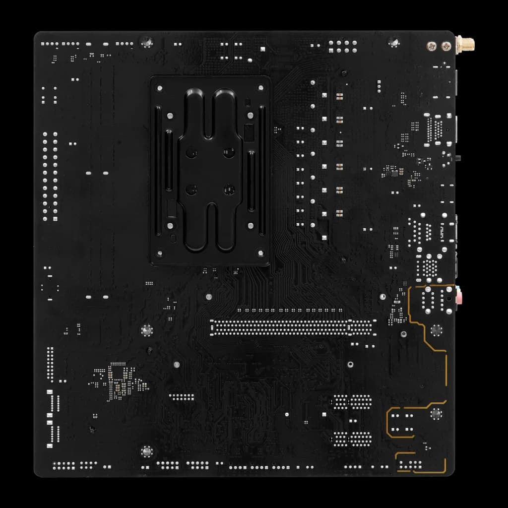 ASRock A620AM-X WiFi AM5 mATX 128GB noir, vue arrière: dos du PCB avec backplate socket AM5 et points de soudure