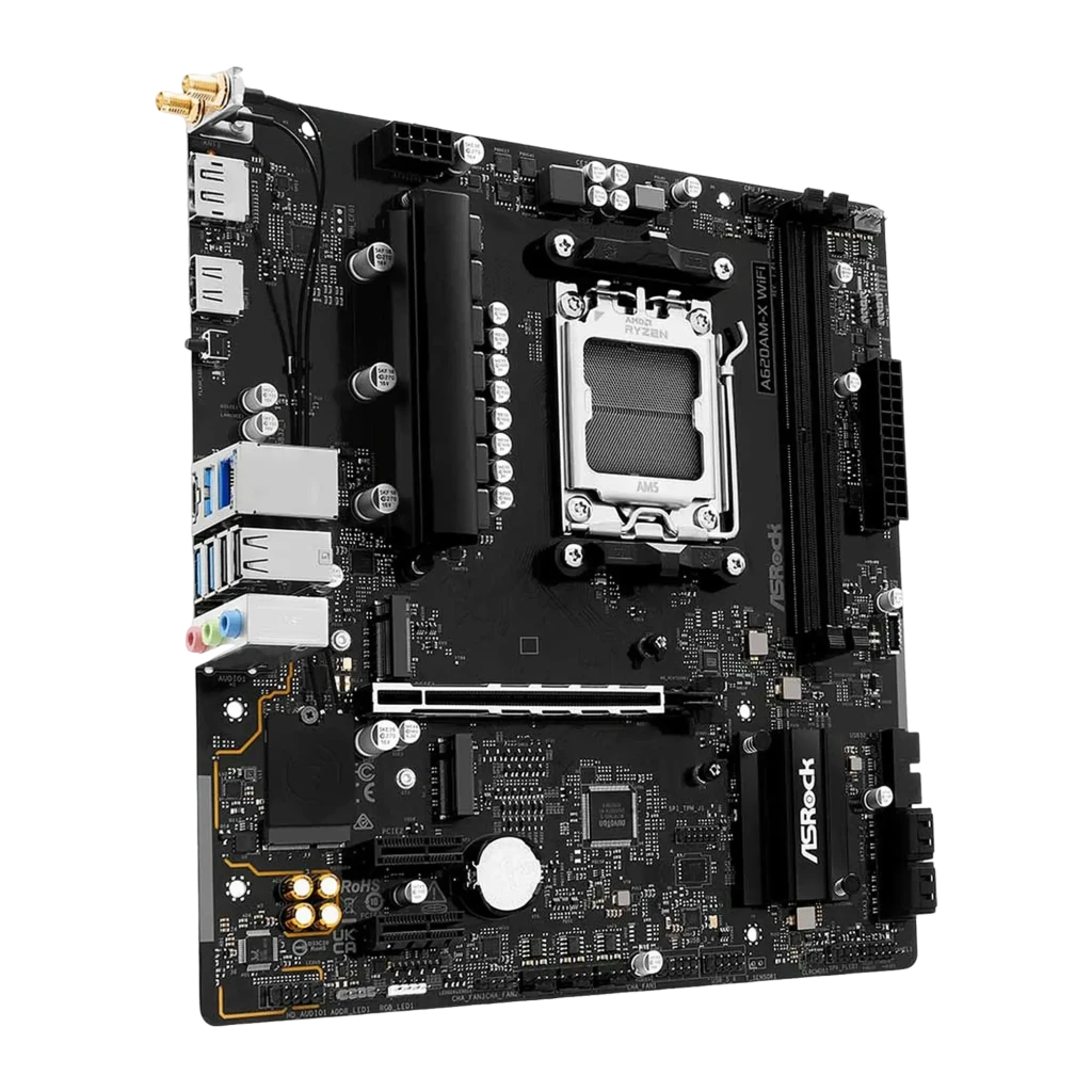 ASRock A620AM-X WiFi AM5 mATX 128GB preto, vista frontal: soquete AM5, slots DDR5, slot PCIe e painel de E/S - Item2