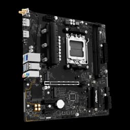 ASRock A620AM-X WiFi AM5 mATX 128GB noir, vue en angle: ports USB, antenne WiFi, socket AM5 et slots M.2
