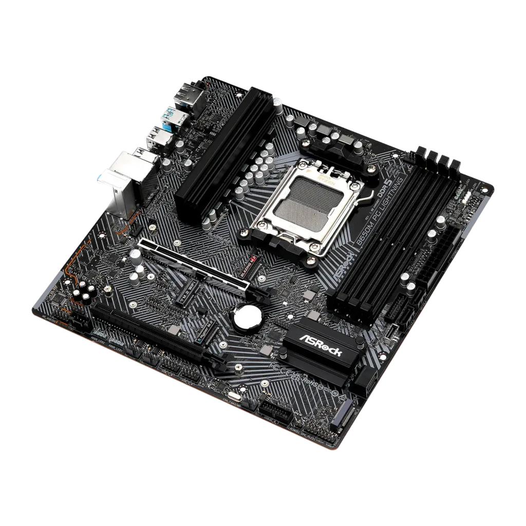 ASRock B650M PG Lightning AM5 DDR5, vista superior: soquete AM5, slots DDR5, M.2 e PCIe em placa preta - Item1