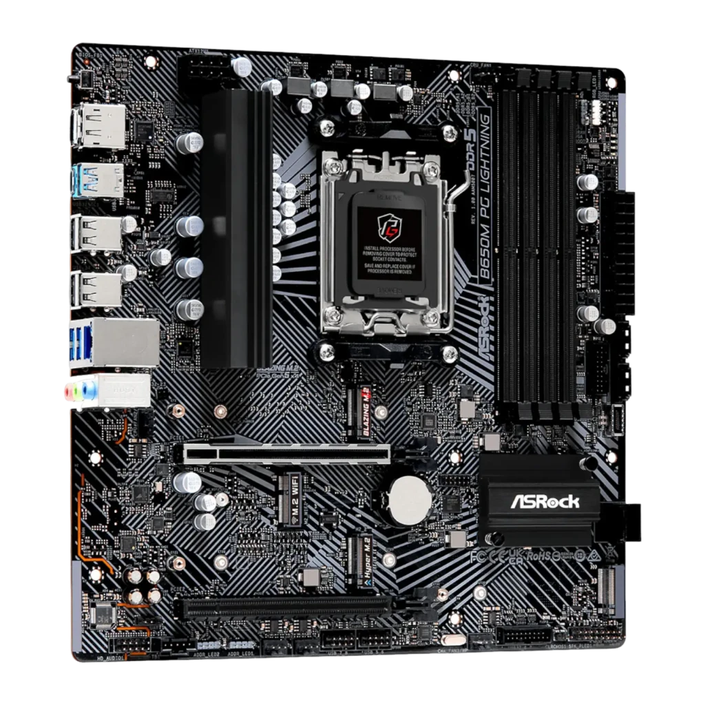 ASRock B650M PG Lightning AM5 DDR5, vista superior: soquete AM5, slots DDR5, M.2 e PCIe em placa preta - Item2